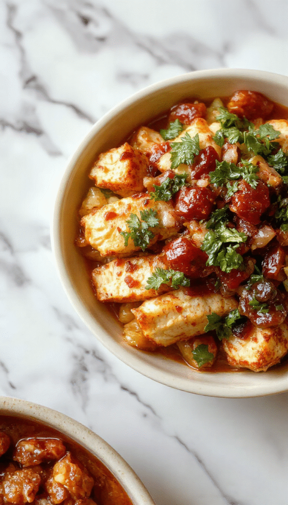 Colorful chicken fajita burrito bowl featuring grilled chicken strips, vibrant red and green bell peppers, sliced onions, and fresh cilantro on a rustic wooden plate, drizzled with creamy sauce and garnished with lime wedges and shredded cheese, showcasing a textured and inviting presentation