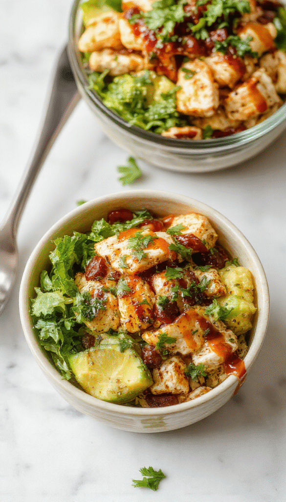 Colorful Southwest Chicken Burrito Bowls featuring vibrant yellow rice, juicy grilled chicken, black beans, red bell peppers, melted cheese, and fresh cilantro, arranged in a rustic bowl with a drizzle of creamy sauce and lime wedges, styled for a bright and inviting meal.