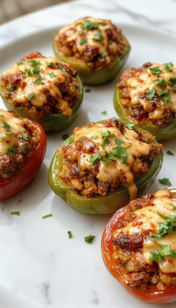 Colorful stuffed peppers filled with seasoned taco meat, topped with melted cheese and fresh cilantro, arranged on a white plate with vibrant peppers and toppings displayed in the background.