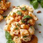 A vibrant plate of Thai Basil Chicken featuring tender chicken pieces stir-fried with fresh green basil leaves and red chili peppers, garnished with chopped scallions, served on a white ceramic plate with a side of jasmine rice, colorful chili flakes scattered for decoration, all under warm natural light highlighting the glossy sauce and crisped edges of the chicken