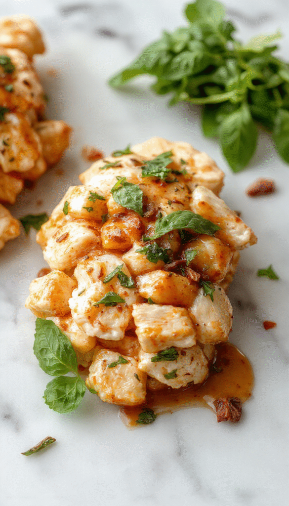 A vibrant plate of Thai Basil Chicken featuring tender chicken pieces stir-fried with fresh green basil leaves and red chili peppers, garnished with chopped scallions, served on a white ceramic plate with a side of jasmine rice, colorful chili flakes scattered for decoration, all under warm natural light highlighting the glossy sauce and crisped edges of the chicken