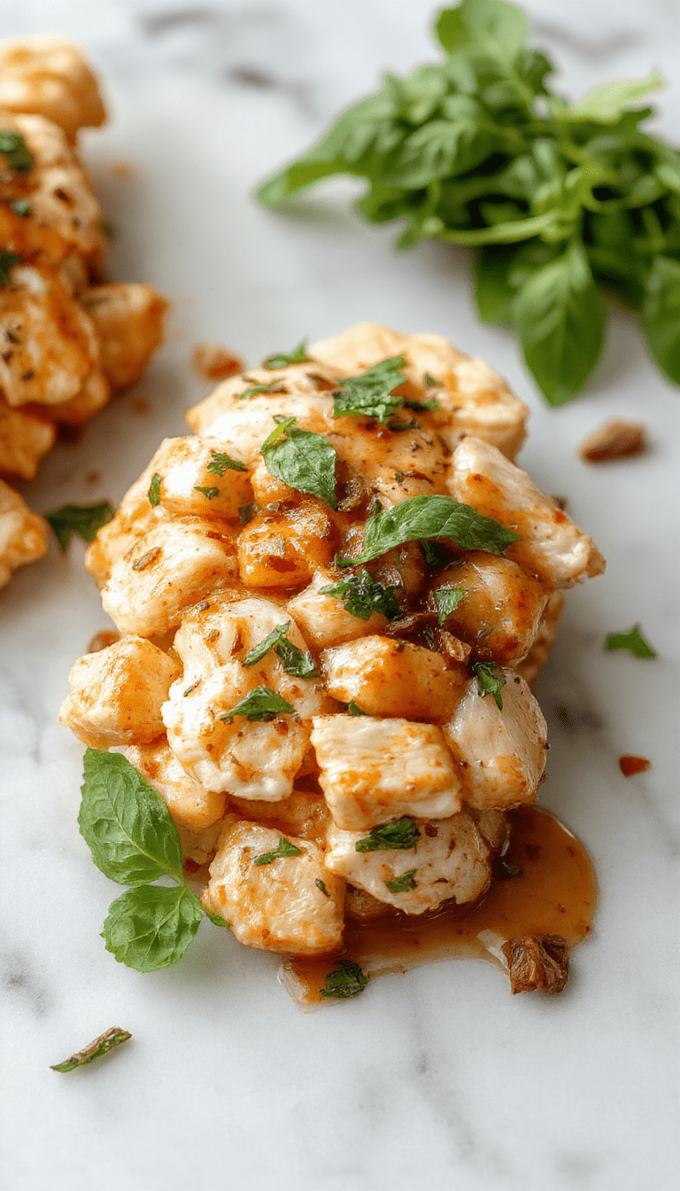 A vibrant plate of Thai Basil Chicken featuring tender chicken pieces stir-fried with fresh green basil leaves and red chili peppers, garnished with chopped scallions, served on a white ceramic plate with a side of jasmine rice, colorful chili flakes scattered for decoration, all under warm natural light highlighting the glossy sauce and crisped edges of the chicken