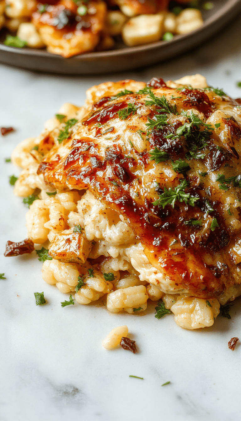 A vibrant casserole dish topped with caramelized onions, melted golden cheese, and tender chicken pieces surrounded by perfectly cooked orzo pasta, garnished with fresh herbs on a rustic wooden table.