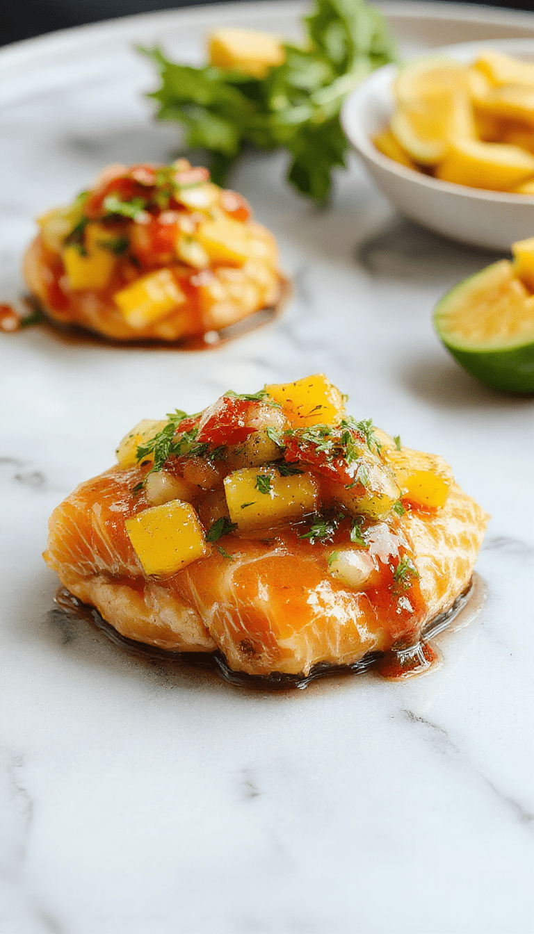 A vibrant plate featuring a perfectly cooked salmon fillet topped with a colorful fresh mango salsa. The salsa contains diced mango, red bell peppers, onions, cilantro, and a citrus drizzle, all arranged on a white ceramic plate. The dish is garnished with lime wedges and fresh herbs, with a background of rustic wooden table and natural lighting highlighting the bright colors and textures.