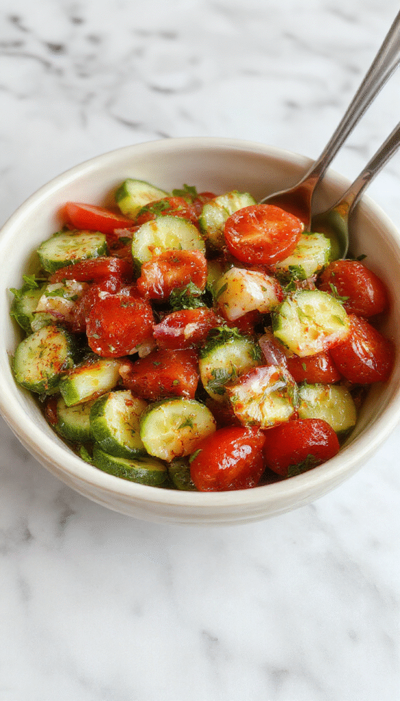 A vibrant Mediterranean salad featuring fresh cucumber slices, juicy diced tomatoes, thinly sliced onions, drizzled with olive oil and sprinkled with herbs, arranged on a rustic white plate with a lemon wedge and fresh parsley garnish, set against a light wooden background with additional ingredients scattered around.
