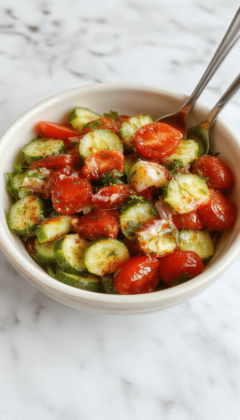 A vibrant Mediterranean salad featuring fresh cucumber slices, juicy diced tomatoes, thinly sliced onions, drizzled with olive oil and sprinkled with herbs, arranged on a rustic white plate with a lemon wedge and fresh parsley garnish, set against a light wooden background with additional ingredients scattered around.