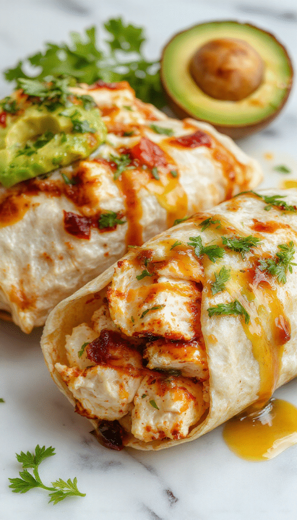 Colorful chicken avocado wraps sliced open to reveal vibrant green avocado and tender grilled chicken inside a soft whole wheat tortilla, garnished with fresh herbs and placed on a rustic wooden surface with a side of cherry tomatoes and lettuce.