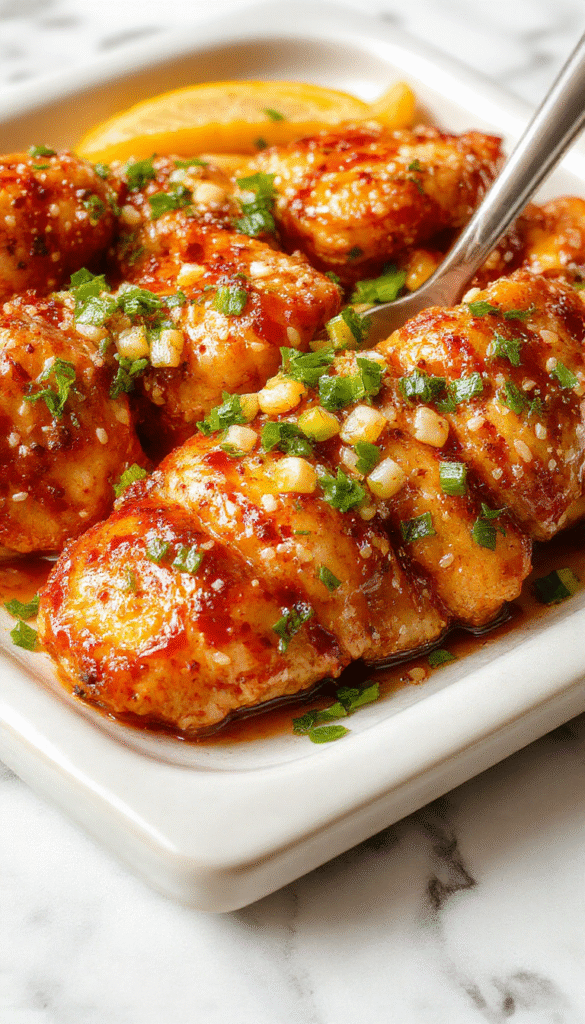 A vibrant plate of sesame chicken featuring golden-brown pieces glazed with a glossy sesame sauce, garnished with sesame seeds and sliced green onions, plated on a white dish with a colorful background.