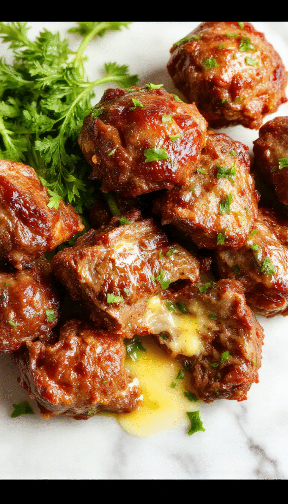 Colorful plated beef bites topped with golden garlic butter sauce, garnished with fresh herbs. The beef is tender with a glossy glaze, served on a rustic plate with a vibrant background highlighting the rich colors and delightful textures.