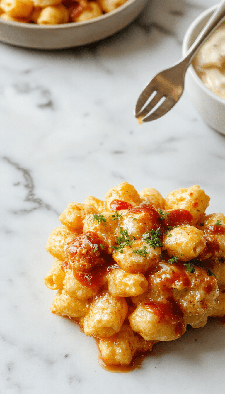 A vibrant plate of macaroni and cheese topped with grilled chicken pieces coated in glossy honey BBQ sauce, garnished with chopped parsley, showcasing rich textures and colorful presentation.