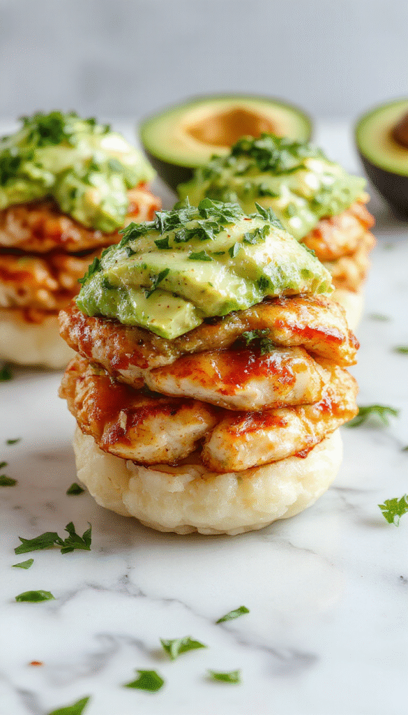 Colorful honey lime chicken thighs arranged on a white plate, topped with fresh chopped cilantro and lime wedges, alongside creamy sliced avocado and fluffy seasoned rice, styled with vibrant garnishes and a rustic backdrop.