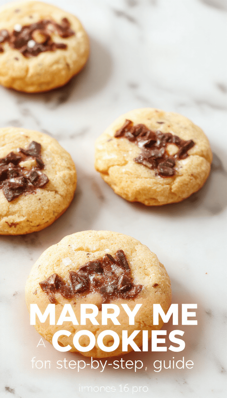 A close-up shot of golden-brown, freshly baked marry me cookies arranged on a rustic wooden tray. The cookies are topped with a drizzle of white icing and colorful sprinkles, showcasing their soft centers and crispy edges. The background features a pastel-colored tablecloth and a glass of milk, emphasizing a cozy, inviting atmosphere perfect for a sweet treat.