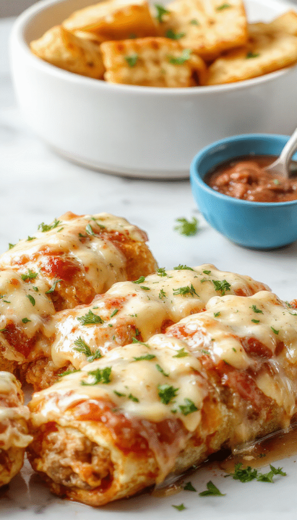 Colorful plate of keto Philly cheesesteak rolls featuring golden-brown crispy outer shells, filled with tender sliced beef, melted cheese, and vibrant green peppers, styled on a rustic wooden board with fresh herbs and a side of dipping sauce, appetizing and inviting.