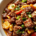 A vibrant beef stir fry served on a white plate, featuring tender strips of beef sautéed with colorful bell peppers, broccoli, and carrots, drizzled with a glossy sauce, garnished with sesame seeds and chopped green onions, set against a rustic wooden background for a lively and appetizing presentation.