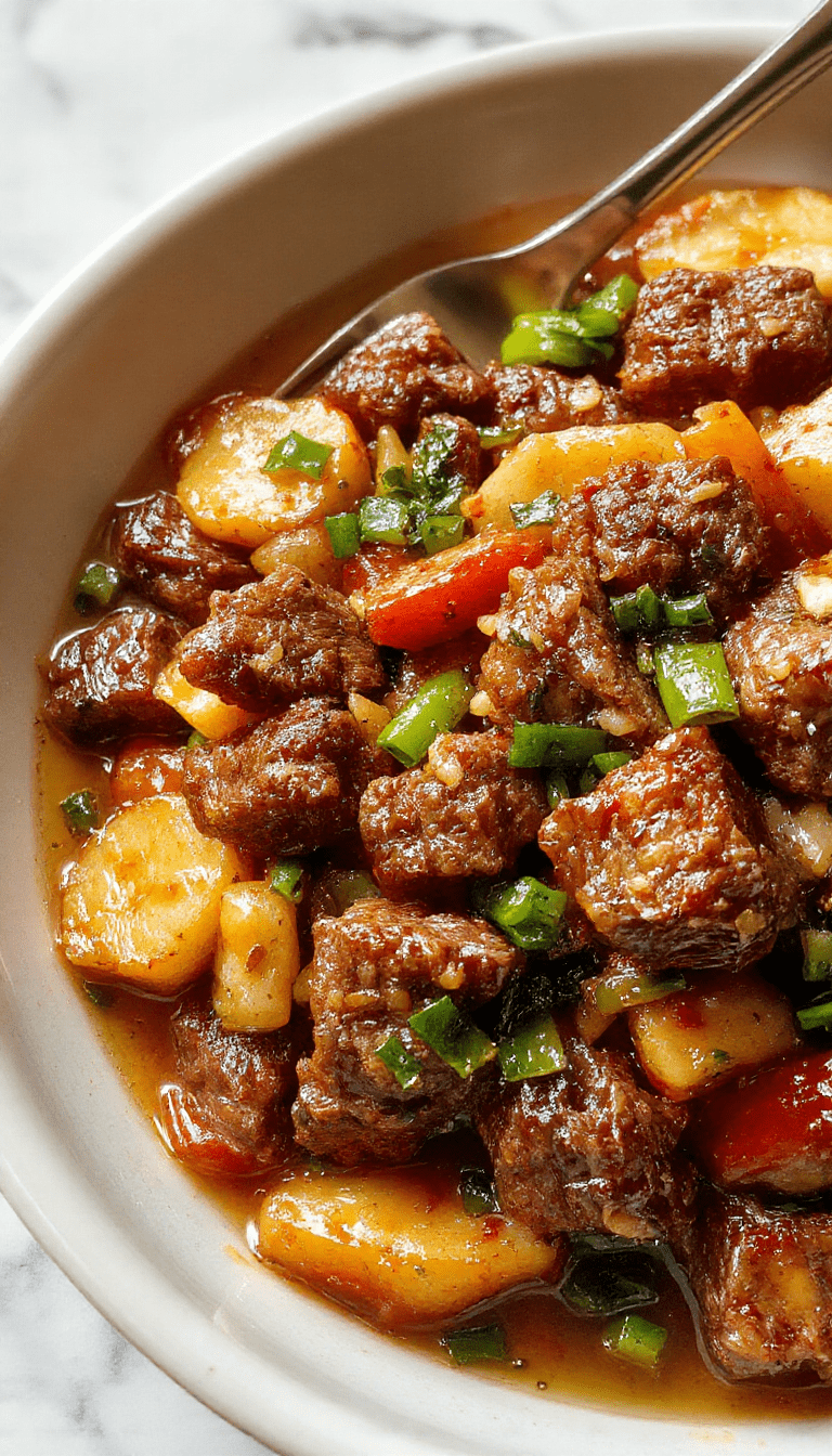 A vibrant beef stir fry served on a white plate, featuring tender strips of beef sautéed with colorful bell peppers, broccoli, and carrots, drizzled with a glossy sauce, garnished with sesame seeds and chopped green onions, set against a rustic wooden background for a lively and appetizing presentation.