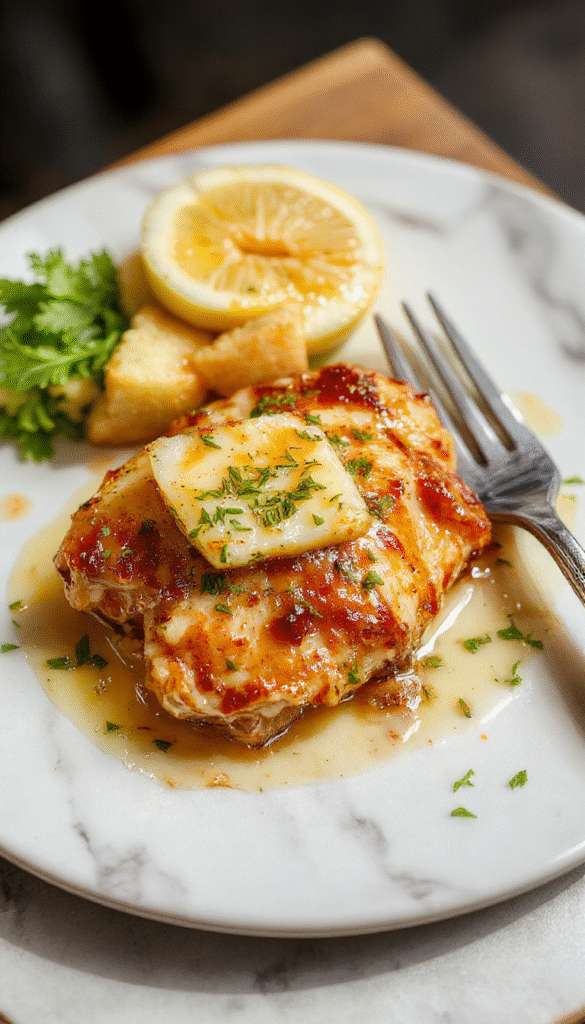 A sizzling skillet filled with golden-brown chicken breasts topped with rich, melted garlic butter sauce, garnished with fresh parsley, surrounded by roasted vegetables on a rustic wooden table