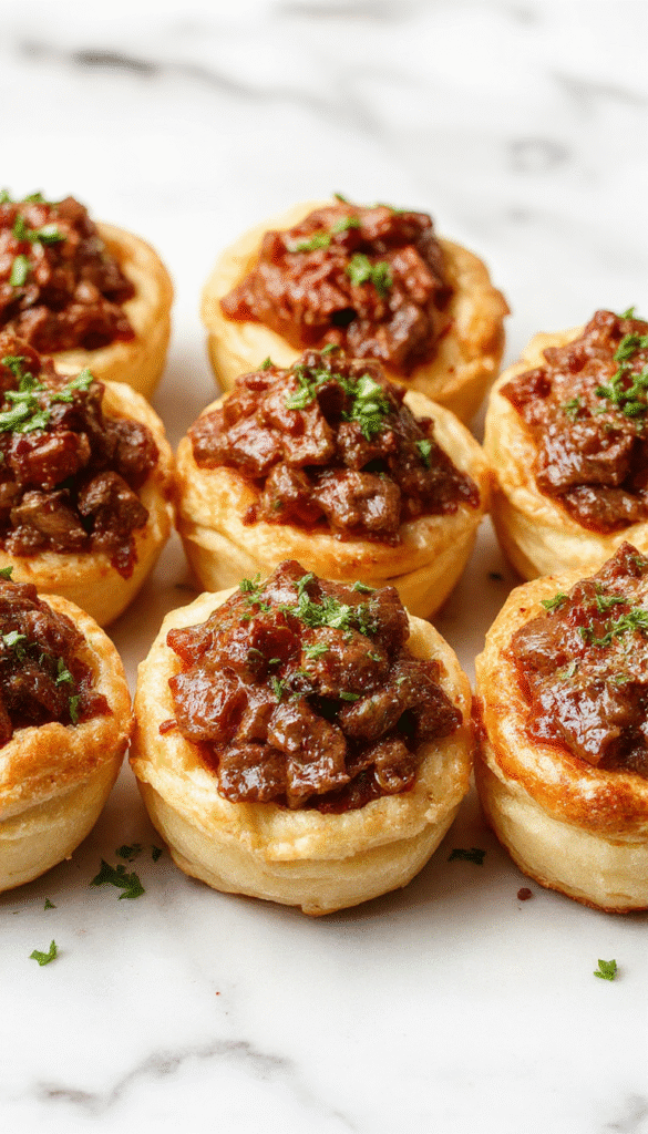 Golden-brown pastry puffs filled with tender pulled beef, arranged on a rustic white plate. The crispy, flaky textures are visible, with a close-up shot highlighting the rich beef filling and flaky layers. Scattered fresh herbs add a pop of green. The background is softly blurred, emphasizing the appetizing, golden pastry with a glossy finish, styled for an inviting presentation.