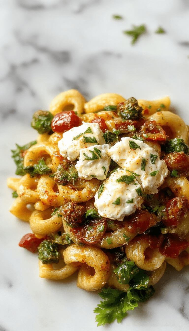 A vibrant plate of veggie pasta topped with creamy baked feta cheese. The pasta is colorful with cherry tomatoes, zucchini, and bell peppers, garnished with fresh herbs. The dish is beautifully plated on a rustic wooden table, showcasing the creamy feta melting slightly over the noodles, with a sprinkle of herbs adding a fresh, inviting touch.