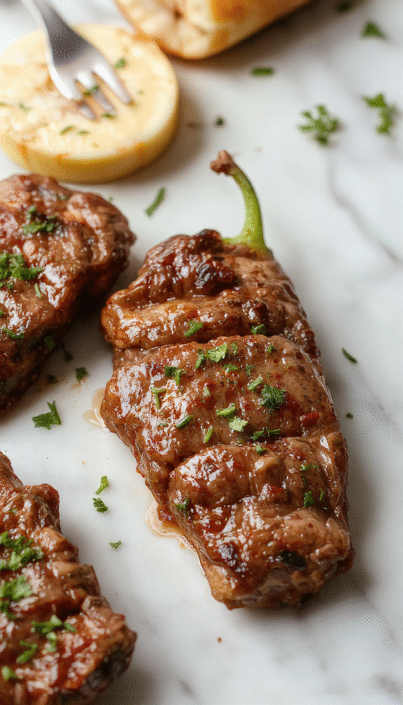 A vibrant plate of pepper steak featuring tender beef strips coated in a glossy dark sauce, garnished with sliced green peppers and red onions, served on a white ceramic plate with a side of steamed rice. The dish is beautifully arranged with steam rising, highlighting its savory juices and colorful vegetables, styled with fresh herbs and a rustic wooden table background.