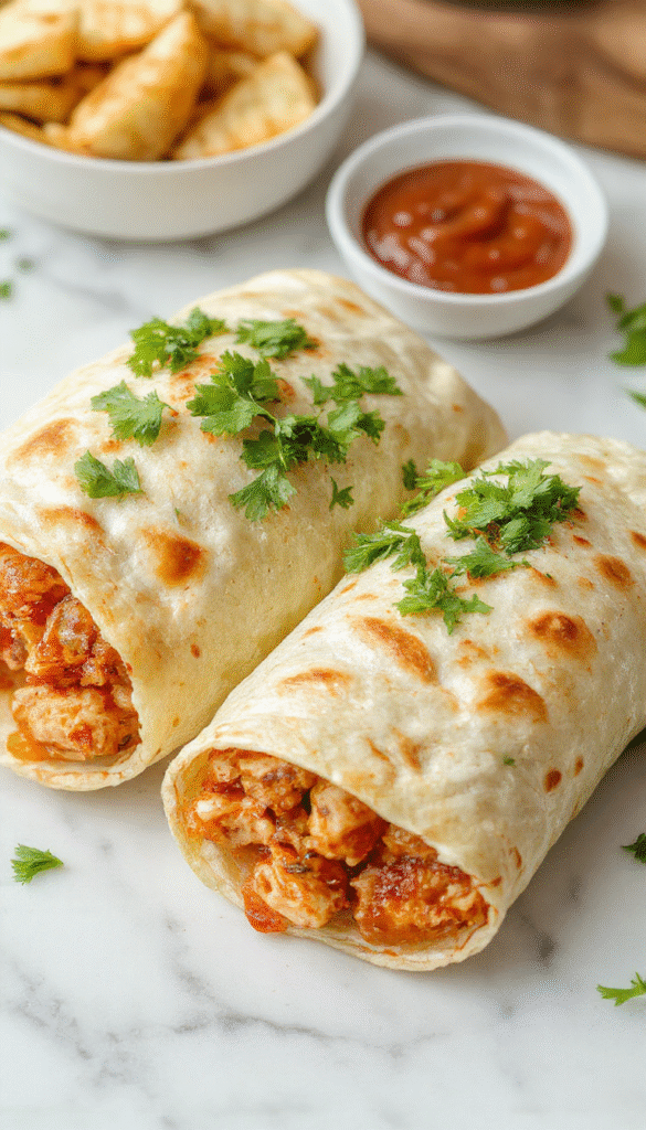 Colorful sweet chili chicken wraps plated on a rustic wooden surface. The wraps are filled with tender chicken, fresh lettuce, and vibrant red chili sauce, garnished with chopped cilantro. The textures vary from crispy tortillas to glossy sauce and crunchy vegetables, styled with a casual yet appetizing presentation.