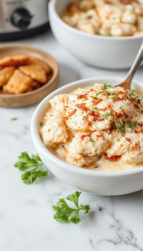 Colorful presentation of tender shredded chicken glazed with a glossy, sweet Hawaiian sauce, garnished with pineapple chunks and sesame seeds on a white plate with a vibrant background.