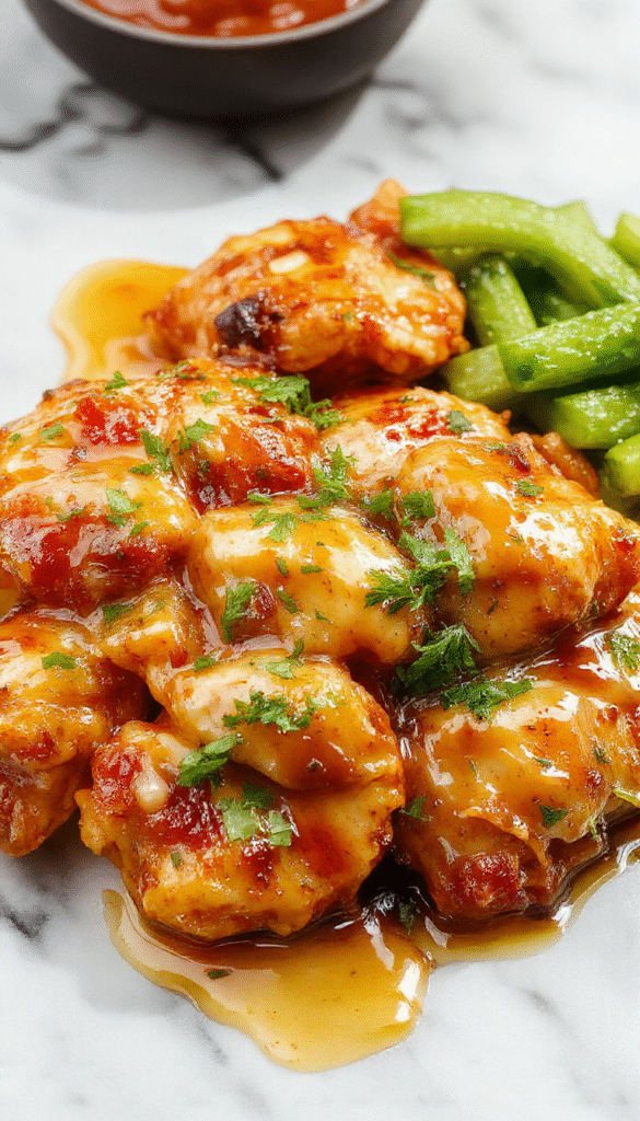 A close-up of Honey Butter Chicken served on a white plate, featuring golden-brown crispy chicken coated with a glossy honey butter glaze, garnished with fresh herbs and accompanied by roasted vegetables, capturing a vibrant and inviting presentation with a warm, appetizing texture.