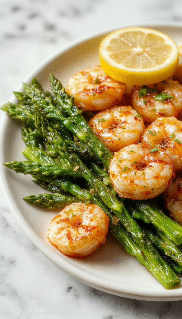 Colorful plate of lemon garlic shrimp and tender asparagus spears arranged neatly on a white ceramic plate, with bright yellow lemon slices and fresh herbs, showcasing the vibrant green and pink hues, textured shrimp, and glossy asparagus tips, styled for an inviting, healthy meal presentation.
