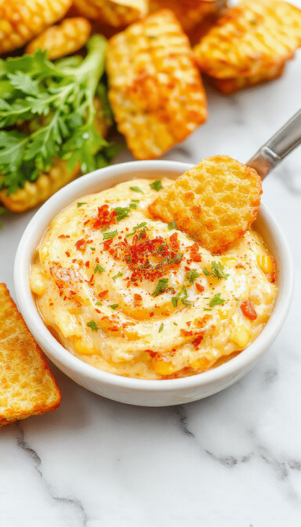 A vibrant bowl of crack corn dip topped with shredded cheese and chopped herbs, surrounded by crispy tortilla chips on a rustic wooden table, with colorful ingredients in the background.