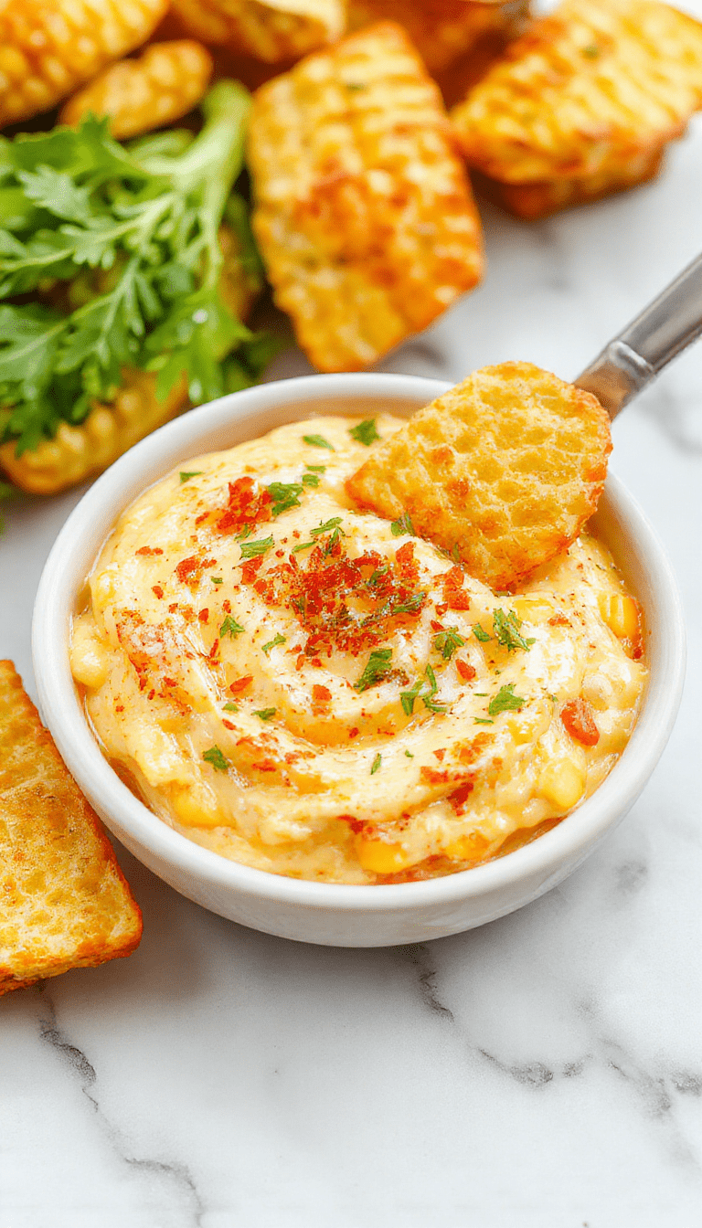 A vibrant bowl of crack corn dip topped with shredded cheese and chopped herbs, surrounded by crispy tortilla chips on a rustic wooden table, with colorful ingredients in the background.