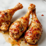 Colorful plated baked chicken legs with golden crispy skin garnished with fresh herbs, served alongside roasted vegetables on a rustic wooden table, showcasing a savory and juicy appearance with a textured finish.