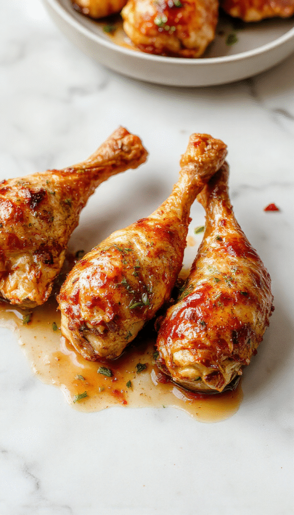 Colorful plated baked chicken legs with golden crispy skin garnished with fresh herbs, served alongside roasted vegetables on a rustic wooden table, showcasing a savory and juicy appearance with a textured finish.