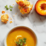 A vibrant bowl of turmeric chicken soup featuring golden yellow broth with tender shredded chicken, fresh herbs, and colorful vegetables, presented on a rustic wooden table with steam rising, highlighting textures and warm tones.