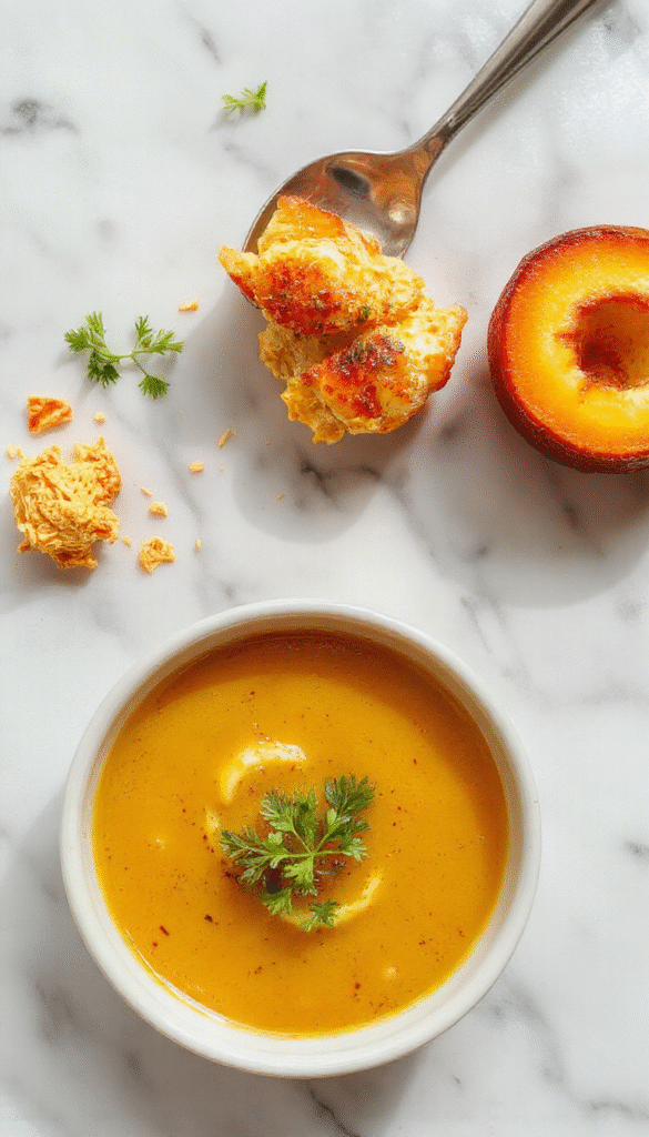 A vibrant bowl of turmeric chicken soup featuring golden yellow broth with tender shredded chicken, fresh herbs, and colorful vegetables, presented on a rustic wooden table with steam rising, highlighting textures and warm tones.