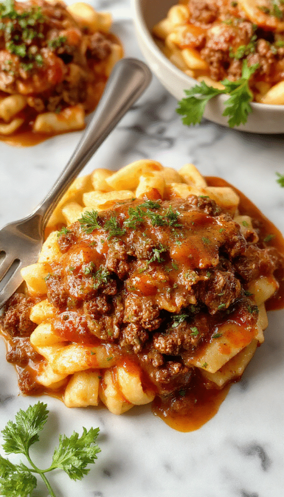 A vibrant plate of ground beef orzo topped with a rich, creamy tomato sauce. The dish features golden-brown ground beef mixed with tender orzo pasta, garnished with fresh basil and grated Parmesan. The presentation includes a rustic wooden background, with the creamy sauce beautifully drizzled over the orzo, highlighting the textures and appetizing colors of reds, golden browns, and greens.