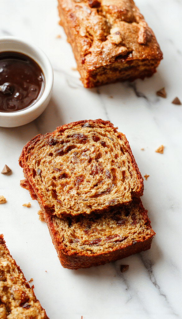 A golden slice of banana bread with a moist interior topped with banana slices and nuts, resting on a rustic wooden cutting board with a blurred background of a baking setting.
